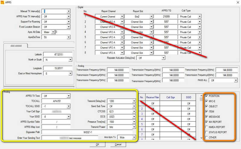 Az analóg APRS funkciók beállítása