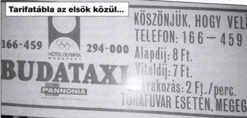 A Budataxi első tarifatábláinak egyike.
