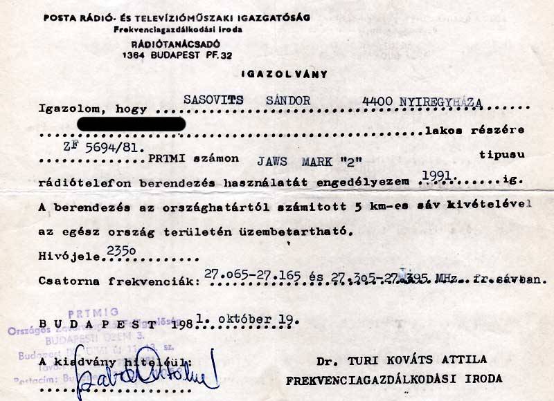 CB engedély a '80-as évek hajnaláról