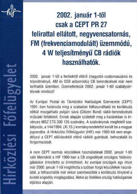 HIF közlemény a CEPT PR27 érvénybelépéséről