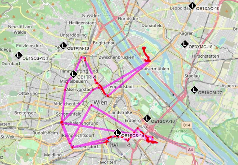A másfél nap alatt bejárt útvonal az aprs.fi térképén