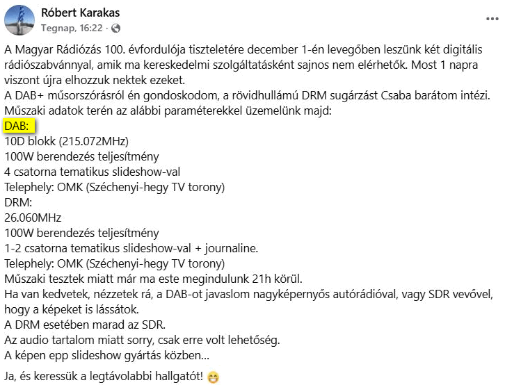 A DAB alkalmi adásról szóló hír